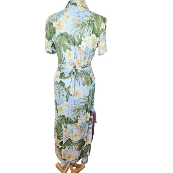 90s Small Tropical Hawaiian Floral Hibiscus Maxi Shirt Dress Sage Green Yellow - Picture 6 of 13
